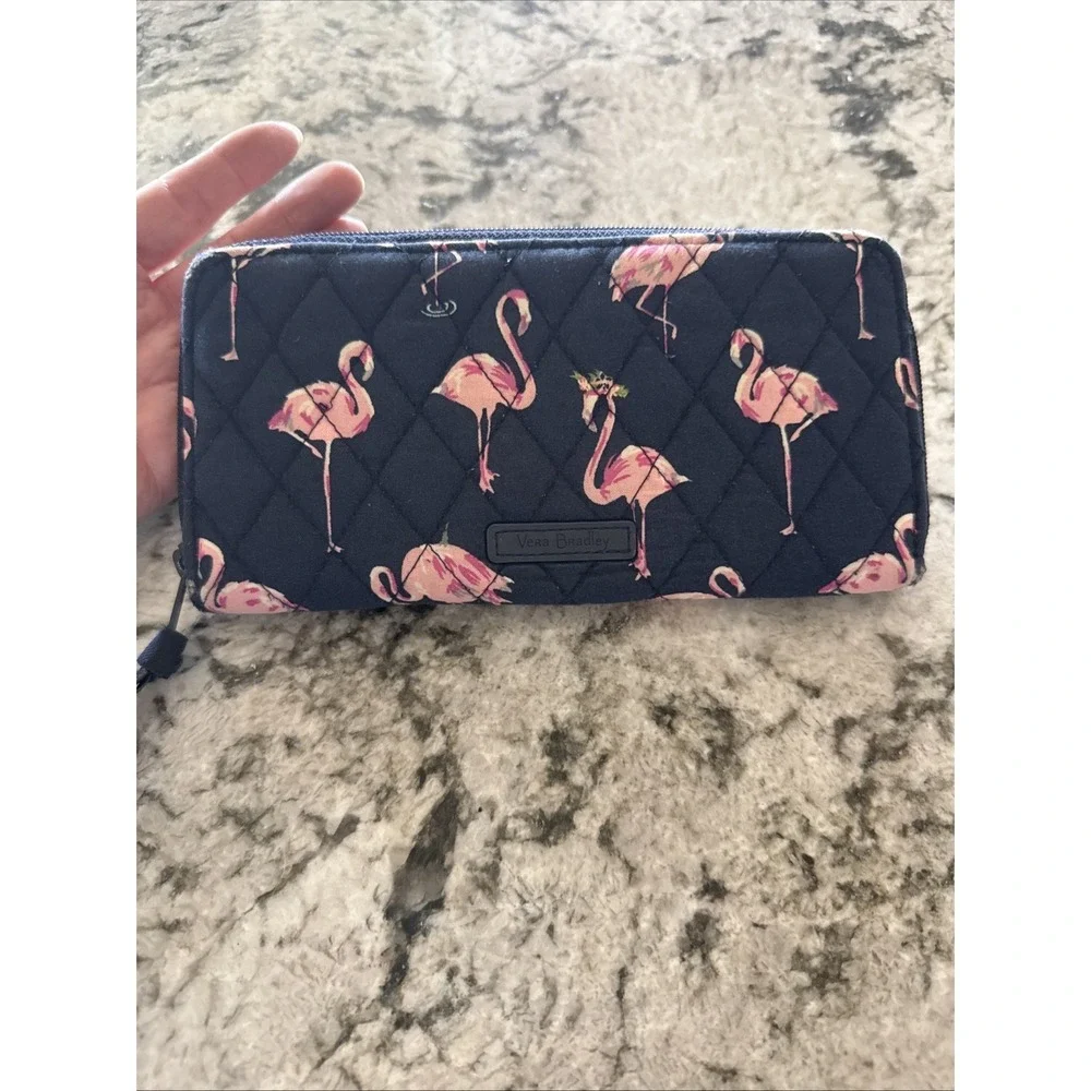 Vera Bradley Zip Around Wallet  Blue W/Pink  Minimalist Split Compartment